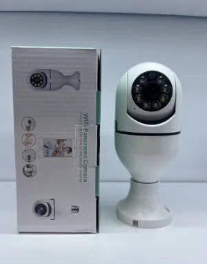 Wireless WiFi security bulb camera with metal base and plastic housing, shown next to its packaging.