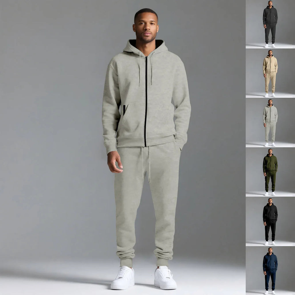 Men's hooded sportswear set in black with long sleeve jacket and long pants, cotton-polyester blend.