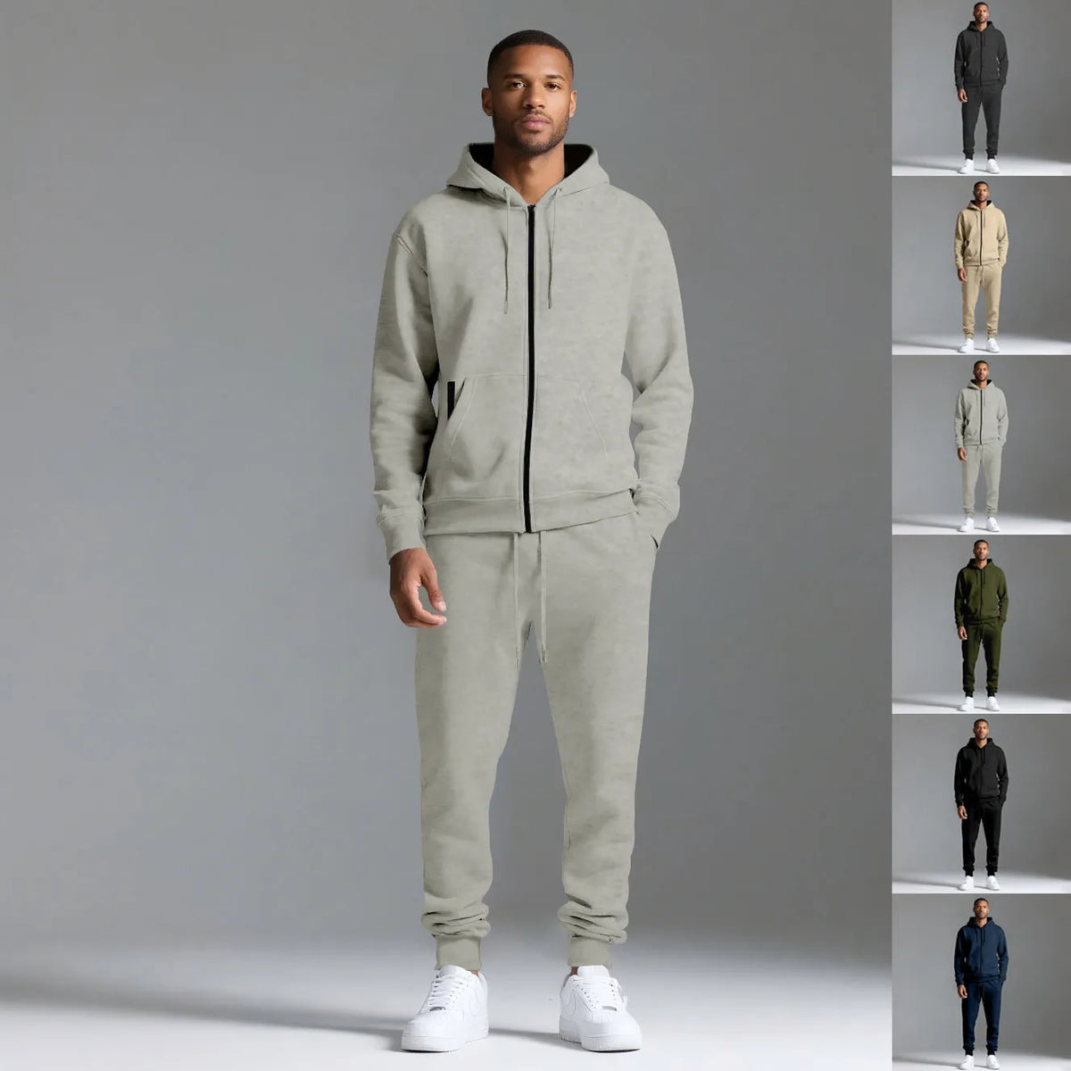 Men's hooded sportswear set in black with long sleeve jacket and long pants, cotton-polyester blend.