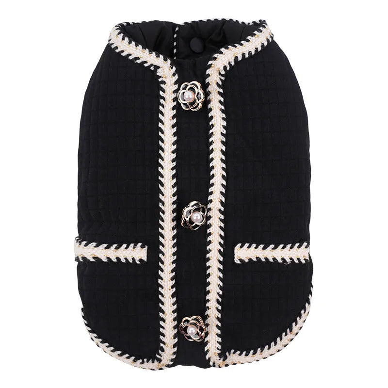 Cartoon-style quilted dog coat in light purple, sized for a medium dog.