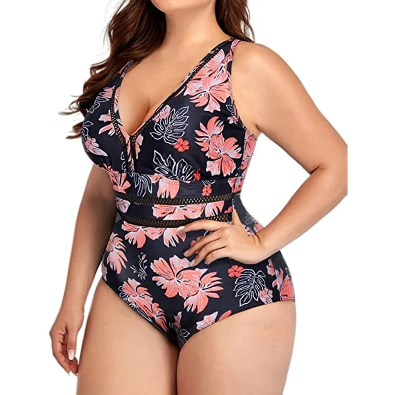 Black printed plus size swimsuit bikini made from polyester mesh fabric