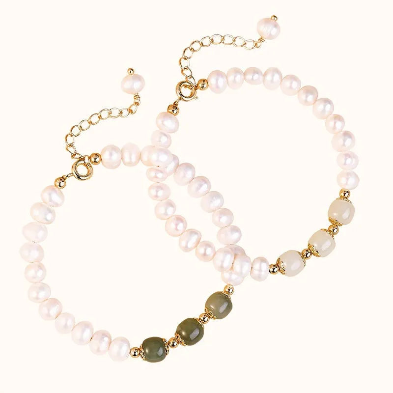 Freshwater pearl bracelet with diamond shape design in Korean style showing electroplated finish in Hetian jade colour