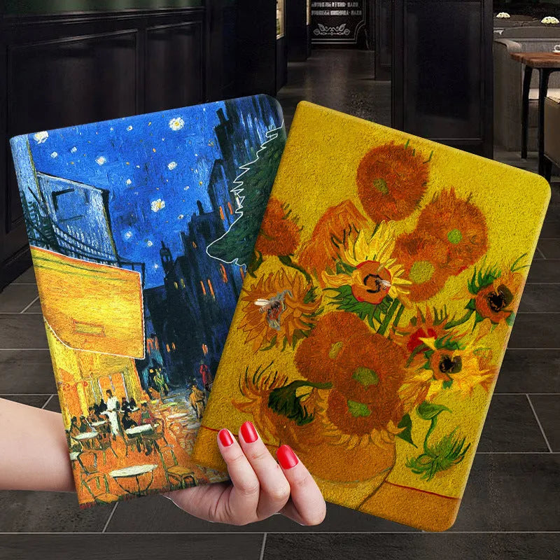 Handmade liquid silicone flip case for iPad with decorative oil painting design of sunflowers.