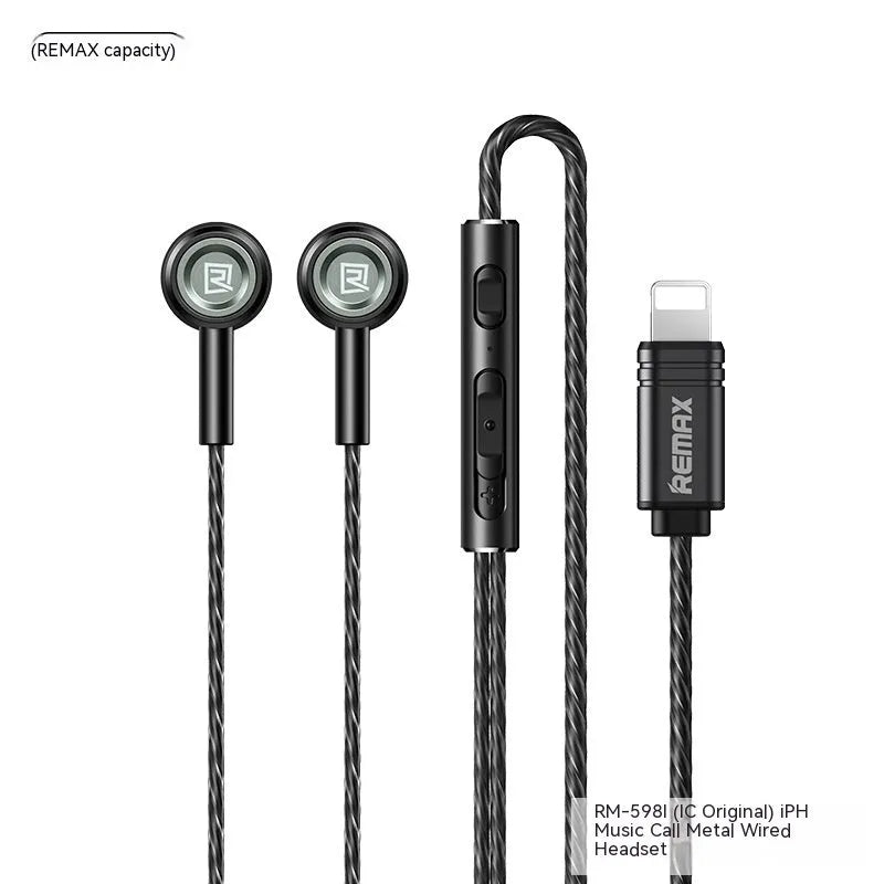 RM711 metal wired e-sports earphones with round hole design in black, green, and silvery, compatible with Type-C and Lightning connectors.