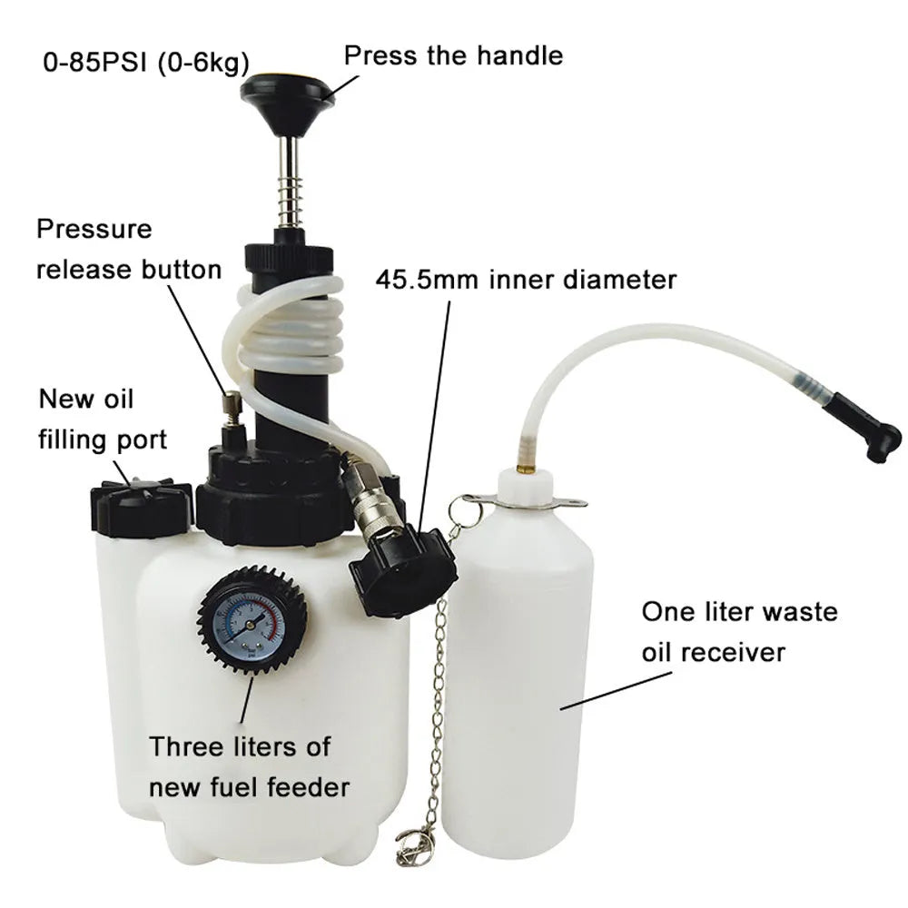 White 3-litre brake oil tank replacement tool with copper fittings and iron brackets.
