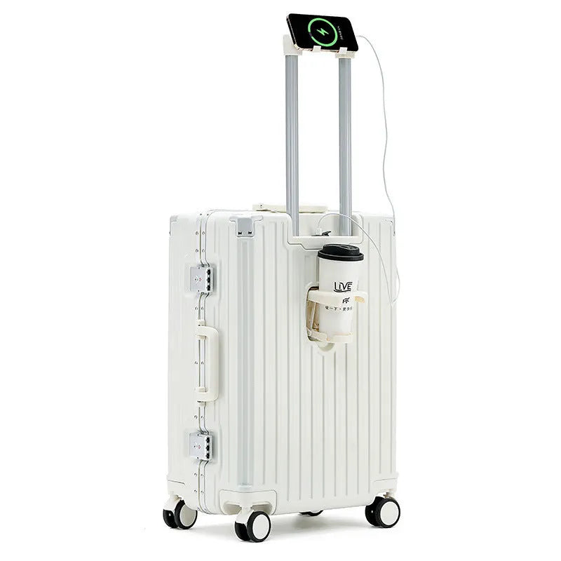 Aluminium frame trolley suitcase in avocado green with multi-functional pockets and USB port.
