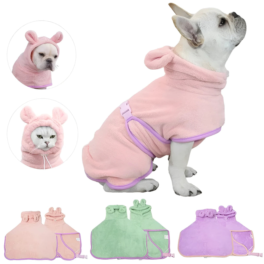 Super absorbent microfiber pet bathrobe for dogs with adjustable buckle and hood in light green