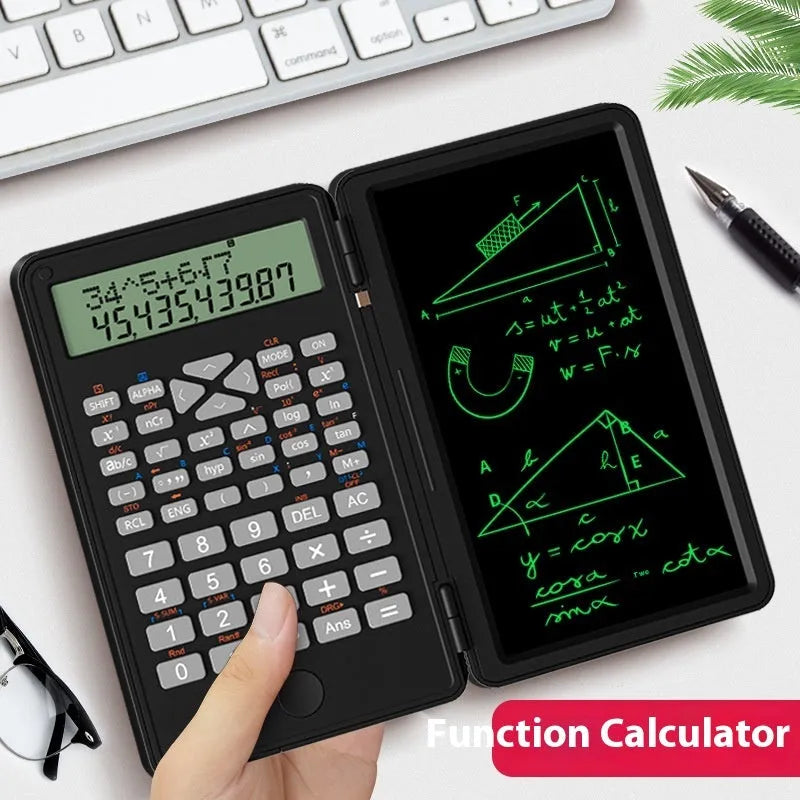 Portable scientific calculator with handwriting board, plastic body, 162 mm length, in black