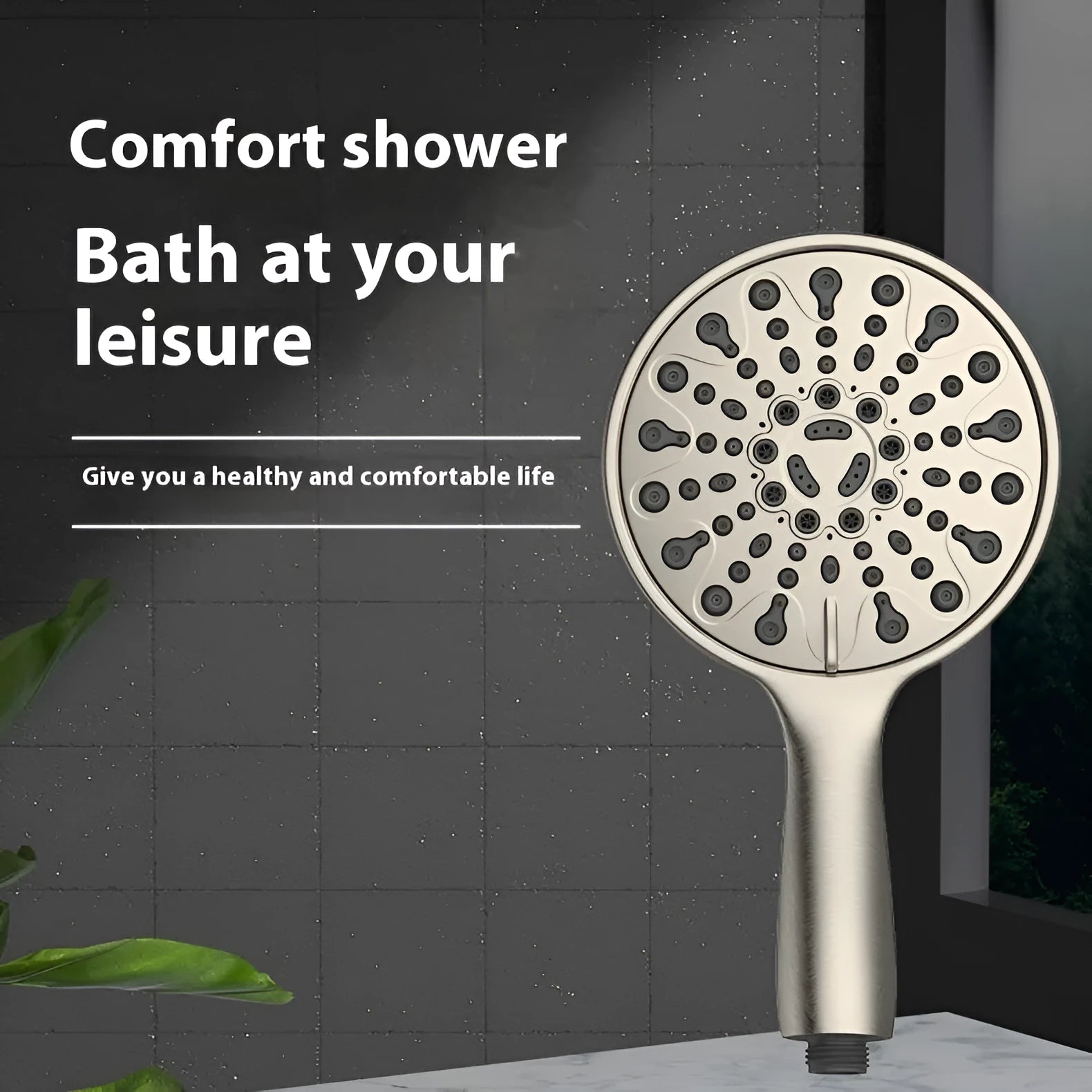 Chrome handheld shower head with six function buttons on a 6-inch ABS plastic body.
