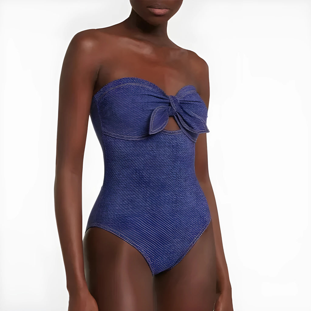 Women's vintage denim swimsuit one-piece with coordinating skirt in Y258 colour