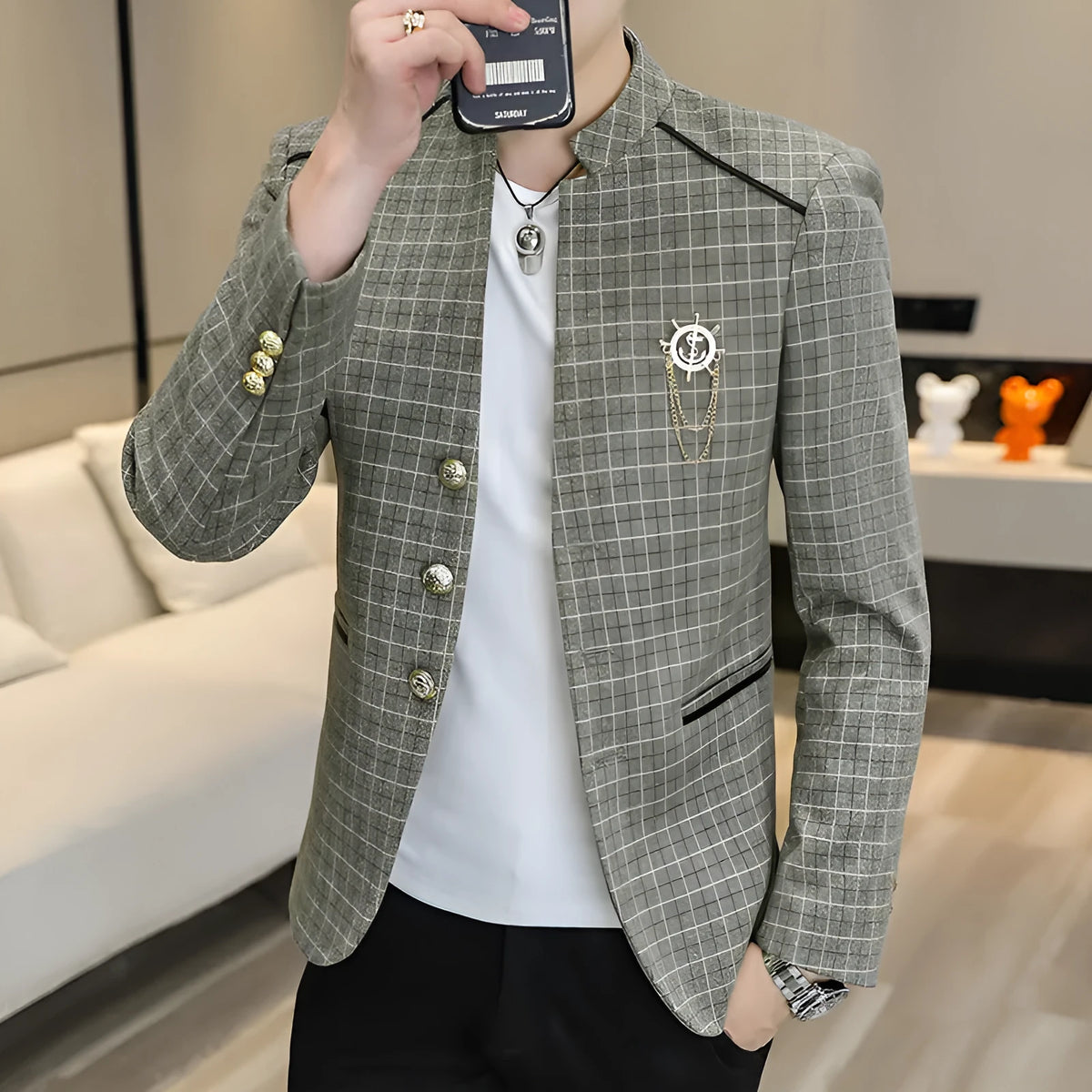 Men's plaid slim fit suit jacket in brown, gray, khaki, or light green, acetate fibre with polyester lining, sizes M to 4XL