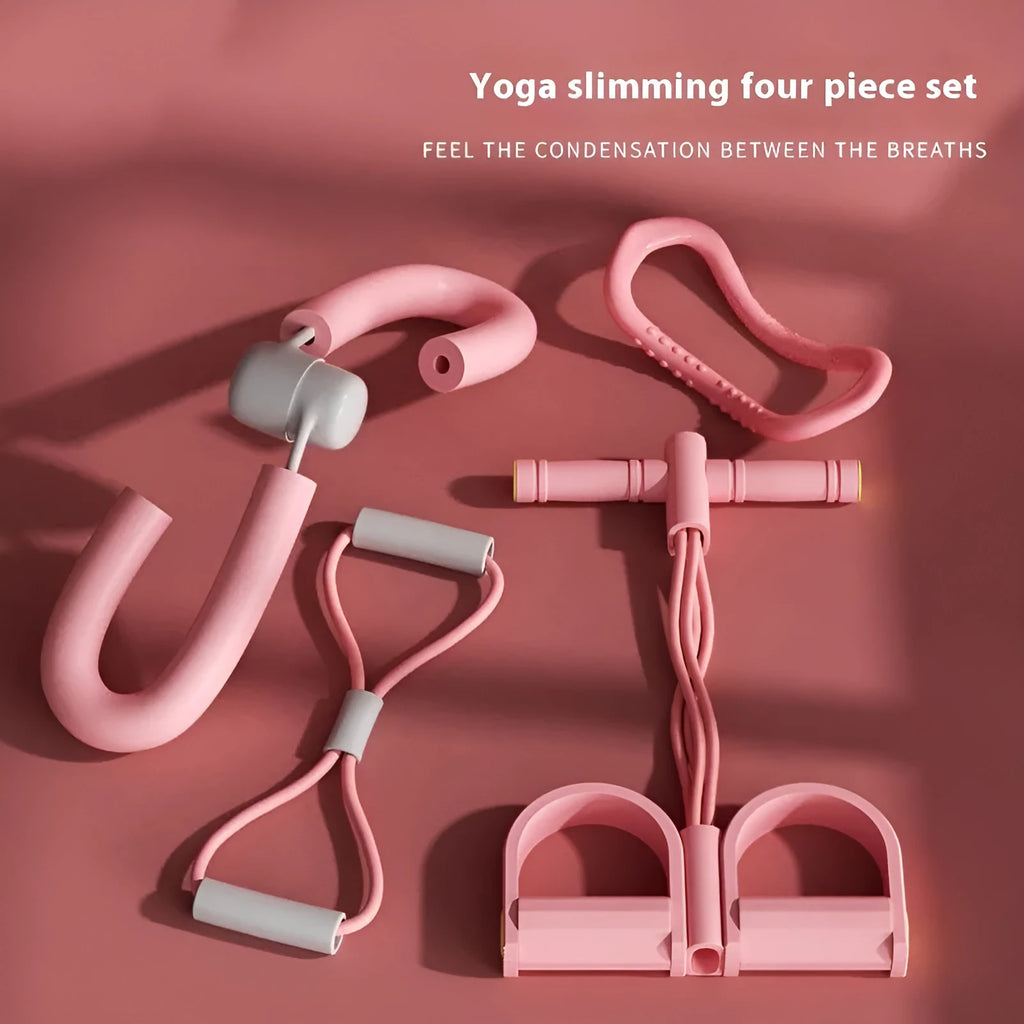 Yoga four piece fitness set with leg stretcher, pedal device, yoga ring, and figure eight tension rope.