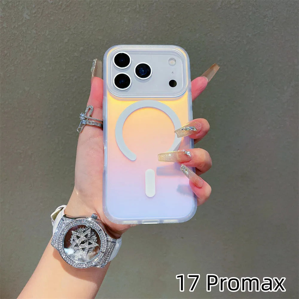 Laser gradient frosted magnetic phone case for iPhone 17 series on a dark background.