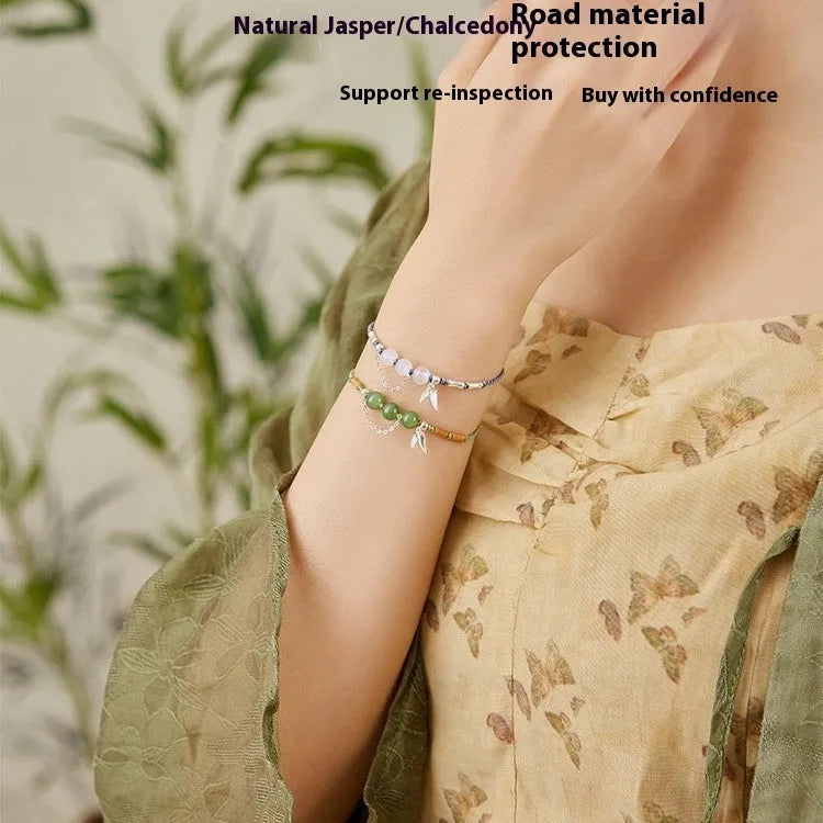 Handmade woven Hetian jade bracelet with diamond shape and lotus seedpod design in light green or blue chalcedony
