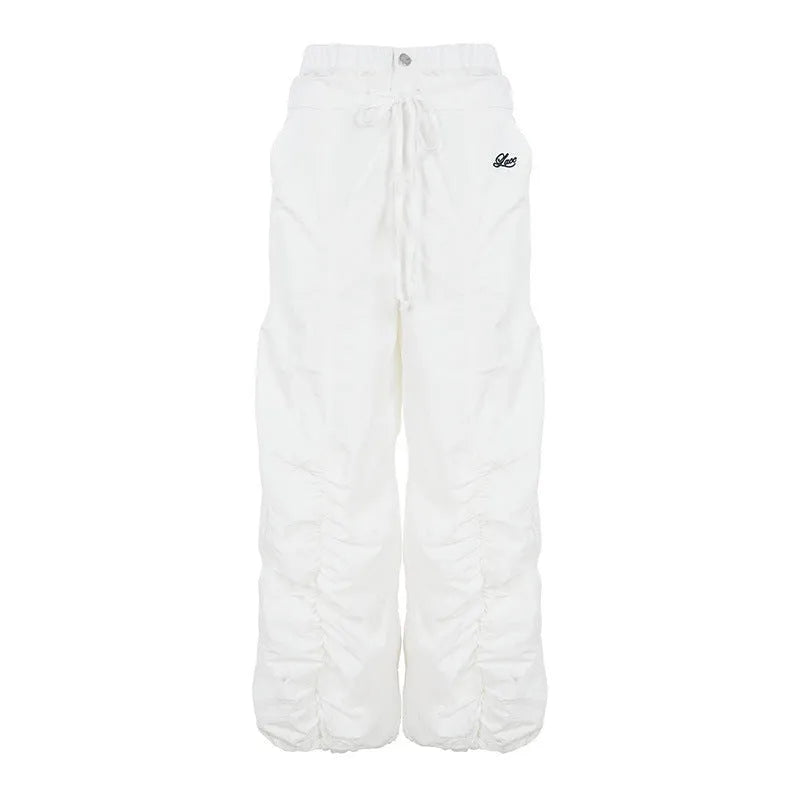White ruffle drawstring lace letters embroidered slacks with high waist and multiple pockets