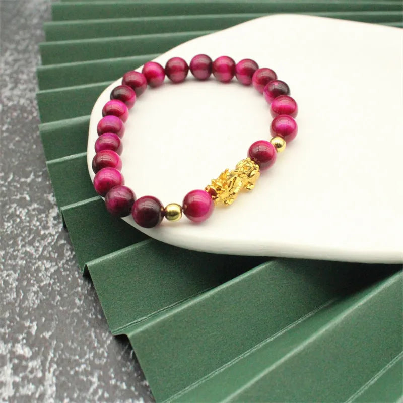 Natural agate tigereye Pi Xiu bracelet, unisex beaded design with electroplated alloy, six colour options
