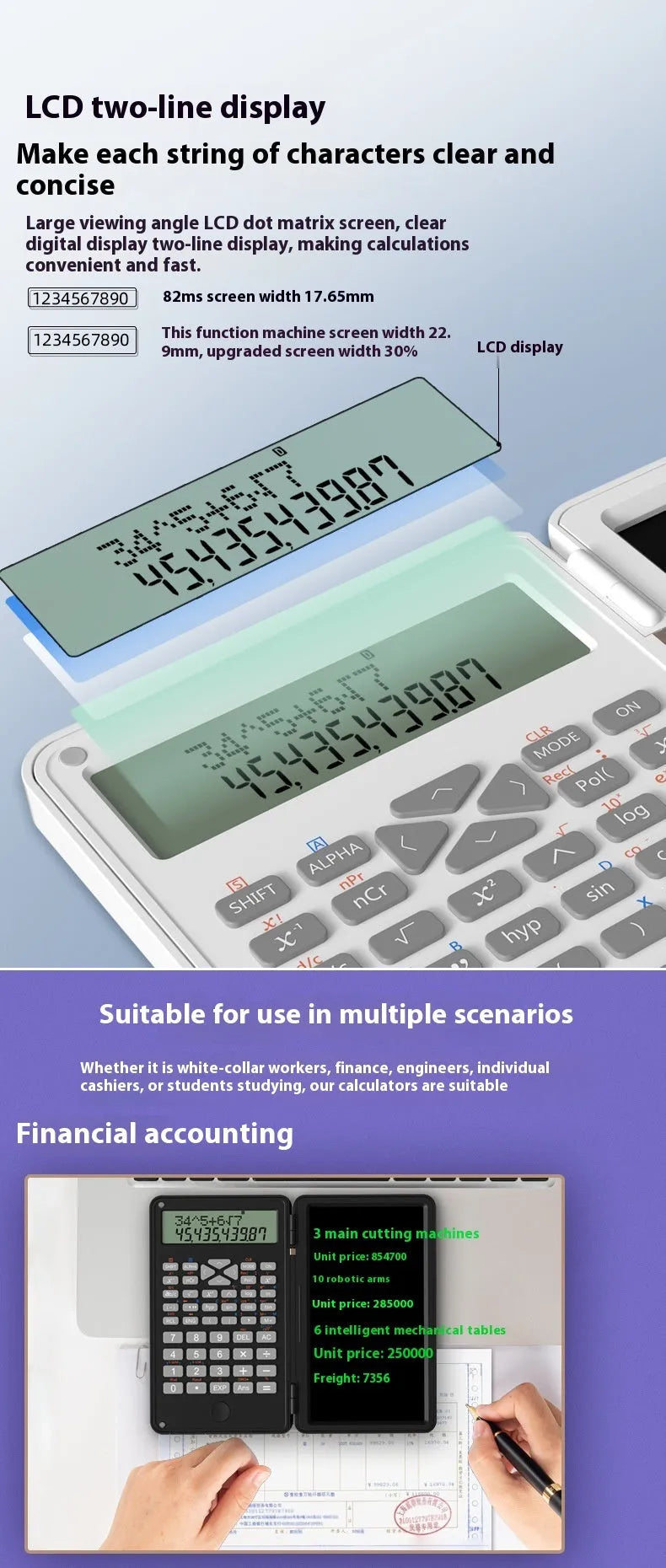 Portable scientific calculator with handwriting board, plastic body, 162 mm length, in black