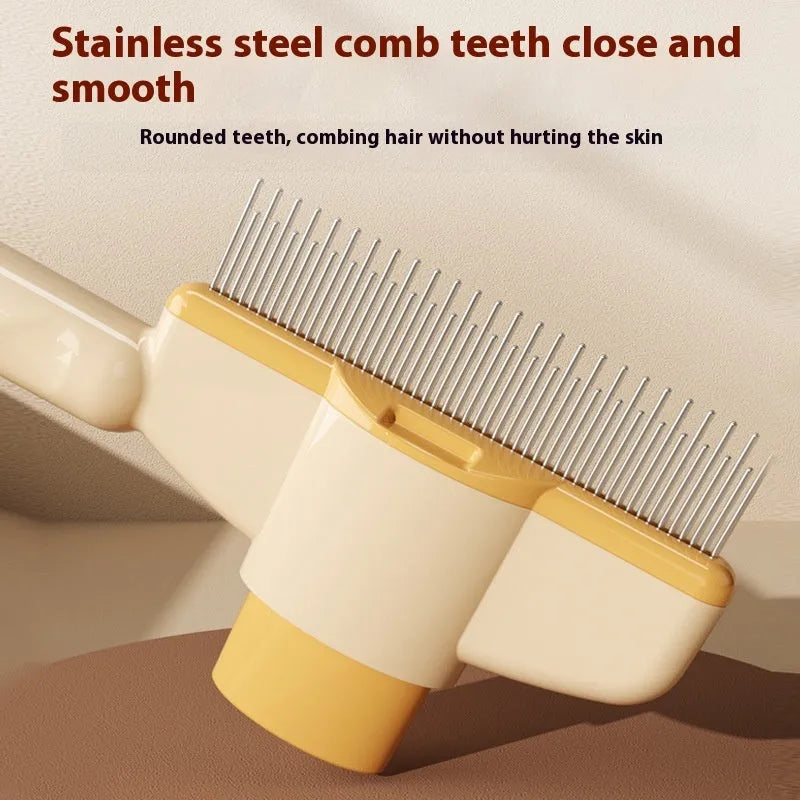 Yellow self-cleaning pet comb with release button and stainless steel teeth for dog and cat grooming