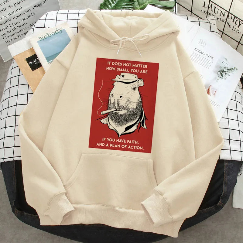 Grey capybara printed hoodie for women, loose fit pullover with hood and side pockets, polyester fibre fabric