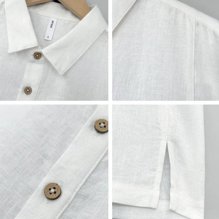 Man wearing a light grey green linen top with thin lapels and short sleeves in a loose fit.