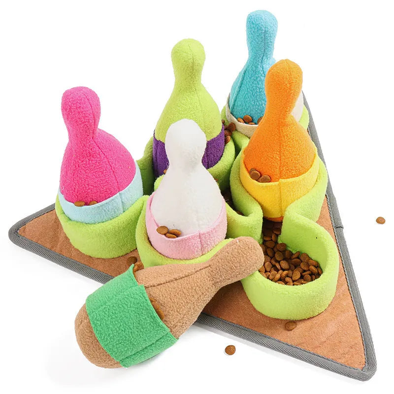 Pet Puzzle Play bowling toy set with sound, made from polar fleece, measuring 34.5 x 34.5 x 18 cm
