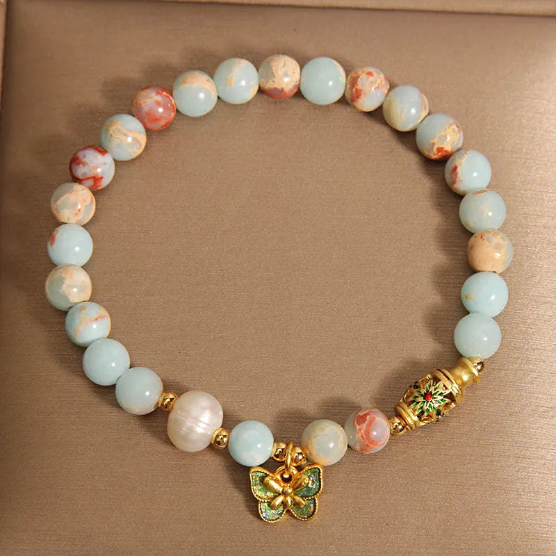 Blue freshwater pearl bracelet with Shoushan stone butterfly pendant for women