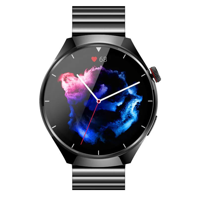 Smart watch with sleep monitoring and Bluetooth calling, available in black steel and silver glue options