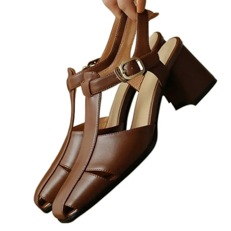 Women's hollow retro closed toe chunky heel sandals in dark brown with leather upper and rubber sole