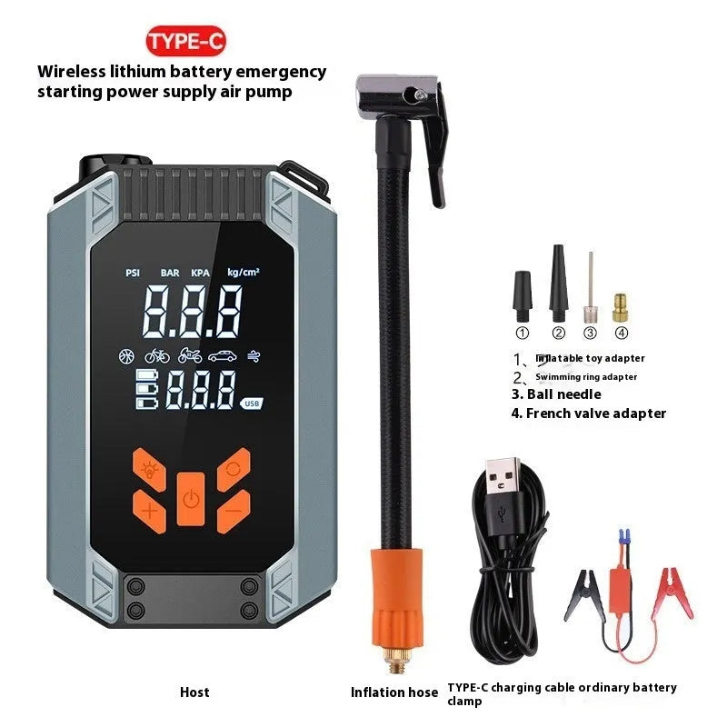 Car wireless inflatable start power all-in-one machine ABS 14.8V with hose, adapters, and digital display