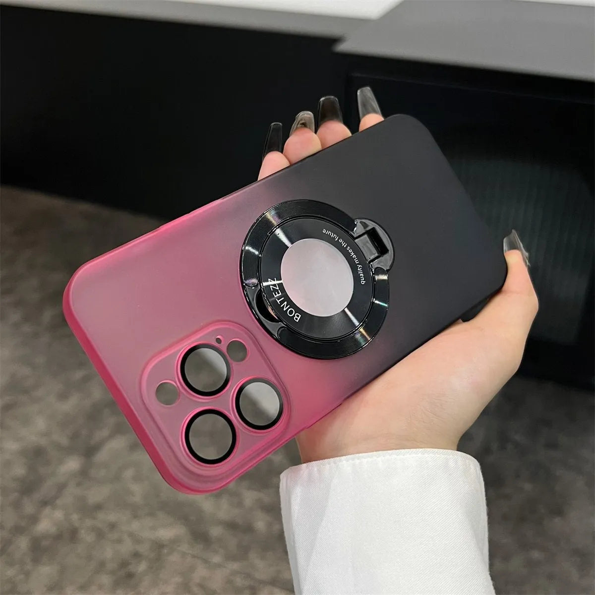 Magnetic bracket phone case for iPhone in gradient blue frosted PC with large camera window and built-in stand