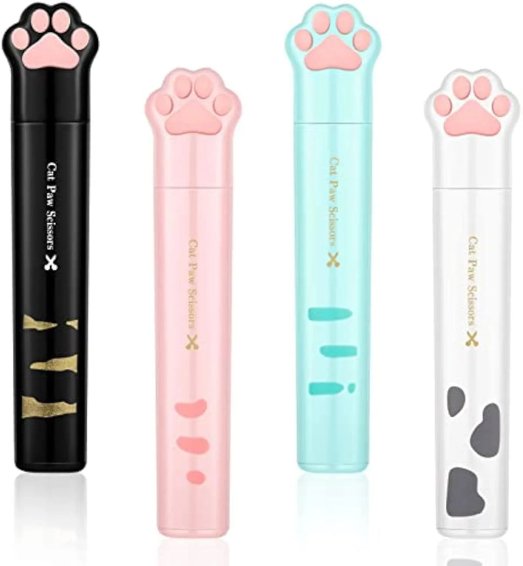 Small folding scissors with cat paw handles in pink, white, black, and blue colour options.