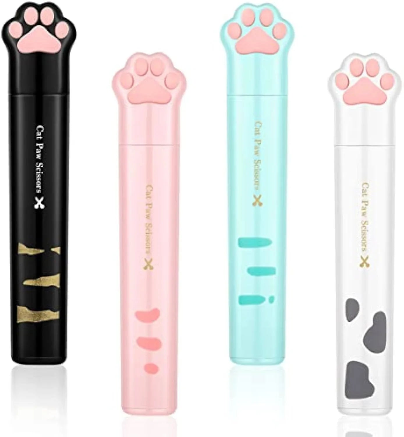 Small folding scissors with cat paw handles in pink, white, black, and blue colour options.