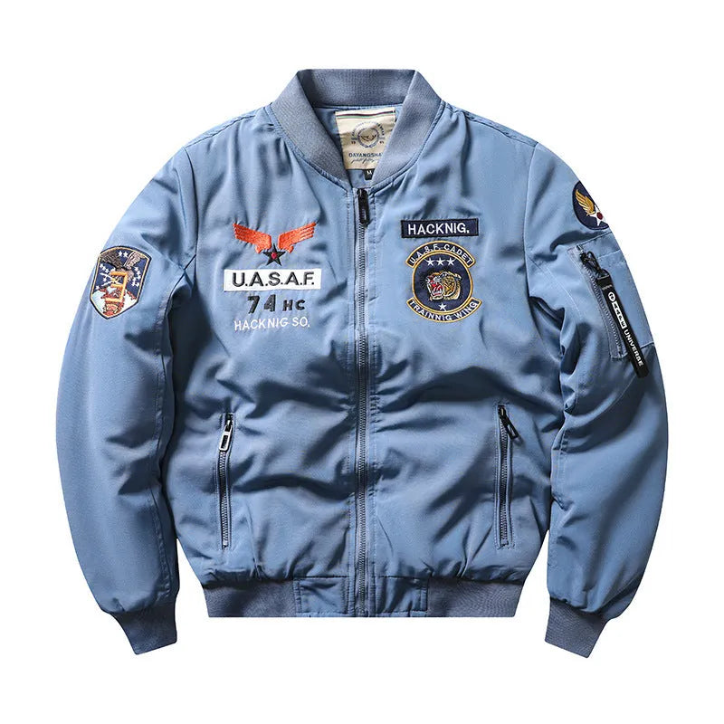 Men's slim-fit stand collar Harley motorcycle retro padded coat in blue