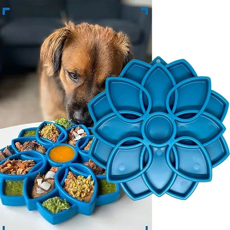 Blue hard bite-resistant slow food feeding mat for cats and dogs placed on floor