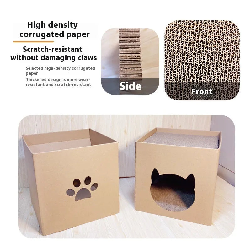 Vertical corrugated paper cat scratch board in pet milk carton design measuring 30cm cube
