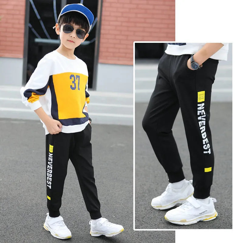 Children's loose sports pants in polyvinyl alcohol fibre with stripe pattern and brushed fabric, sizes 110-170cm