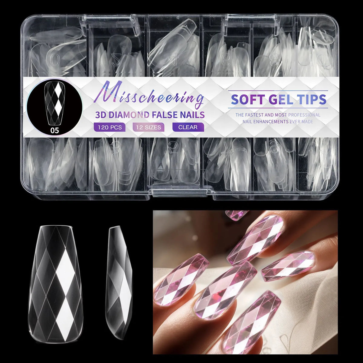 Pack of clear glitter nail extension tips showing 3D diamond design in various colours.
