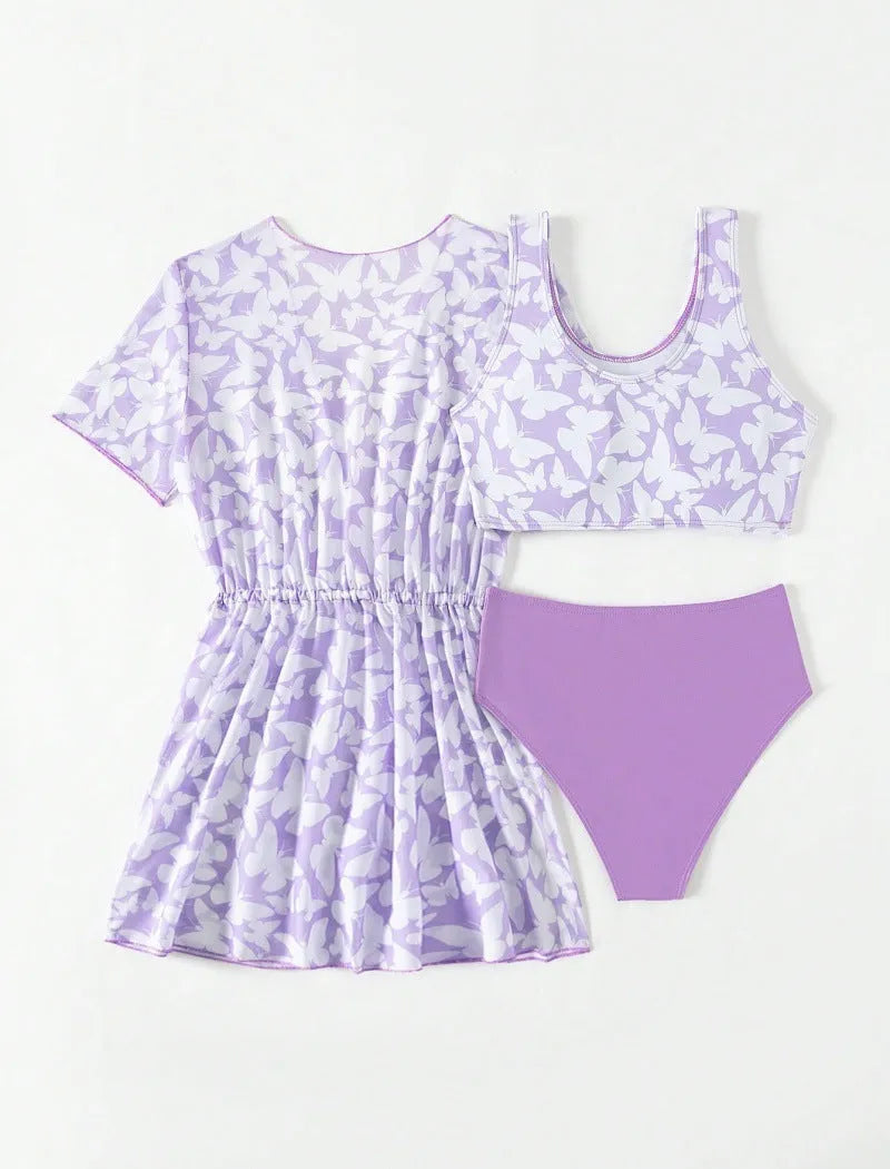 Girls three-piece split swimsuit with cover print design in colour 3218
