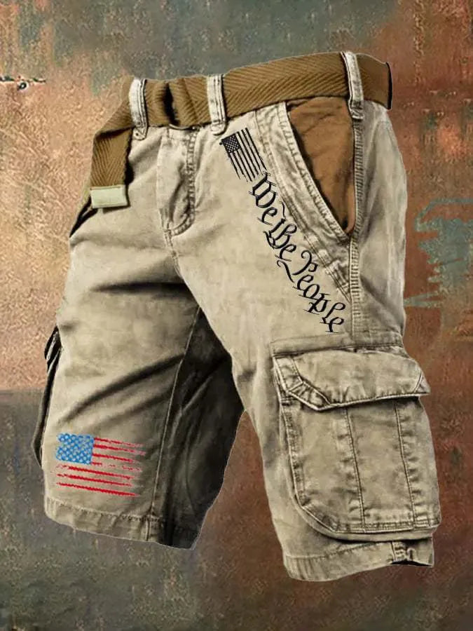 Men's khaki loose-fit thin denim trousers with multiple pockets, shown laid flat.