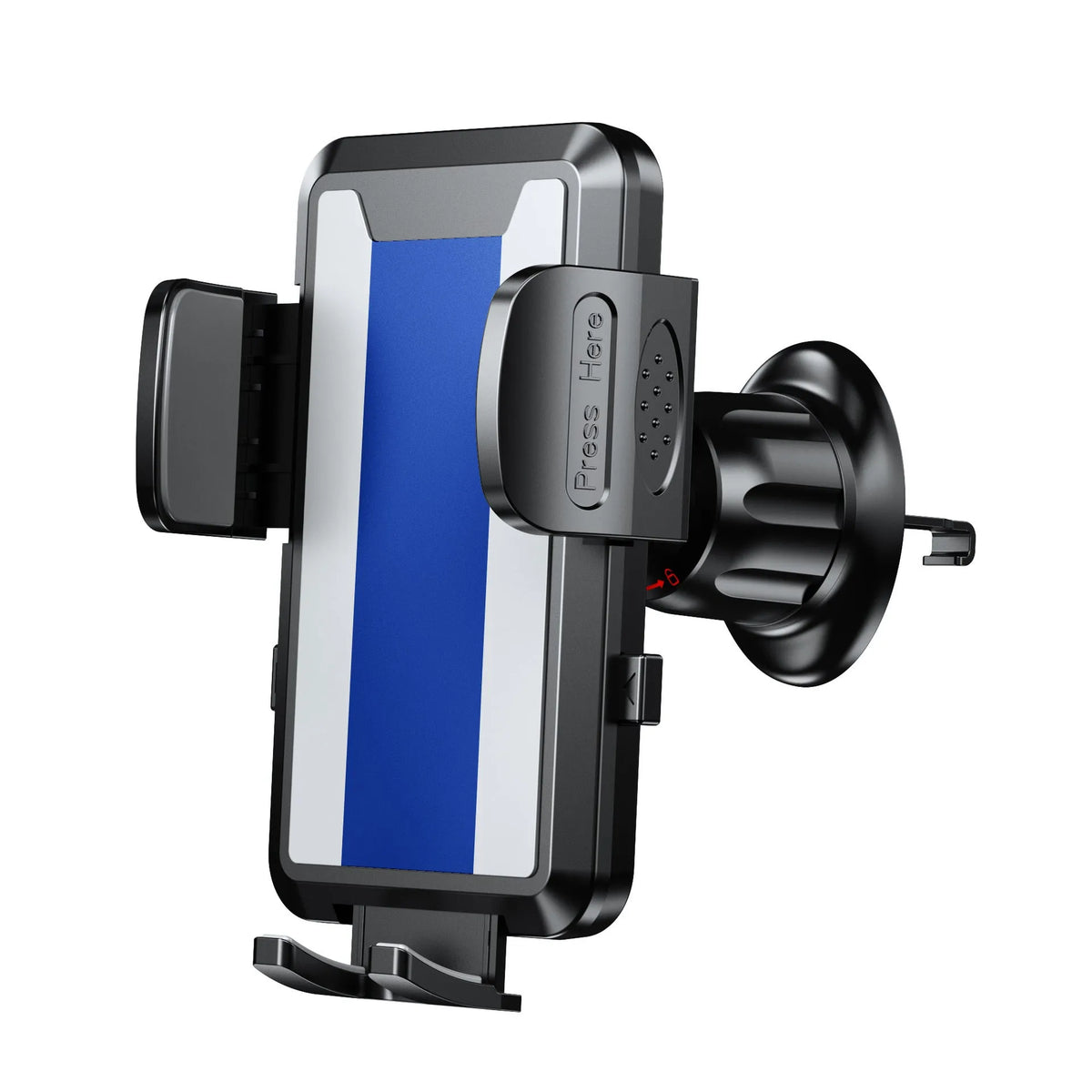 Car phone holder clipped onto a vehicle air conditioning vent, available in black, carbon fibre black, or grey plastic