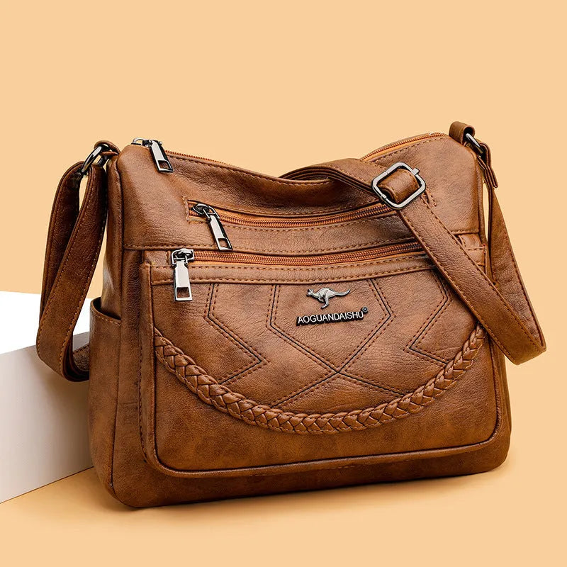 Soft PU leather crossbody shoulder bag in horizontal square shape with large capacity