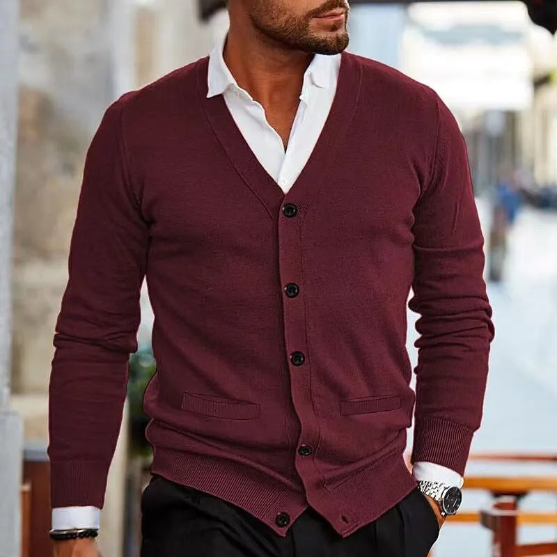 Men's slim fit acrylic cardigan sweater in creamy white colour, long sleeve for autumn winter.