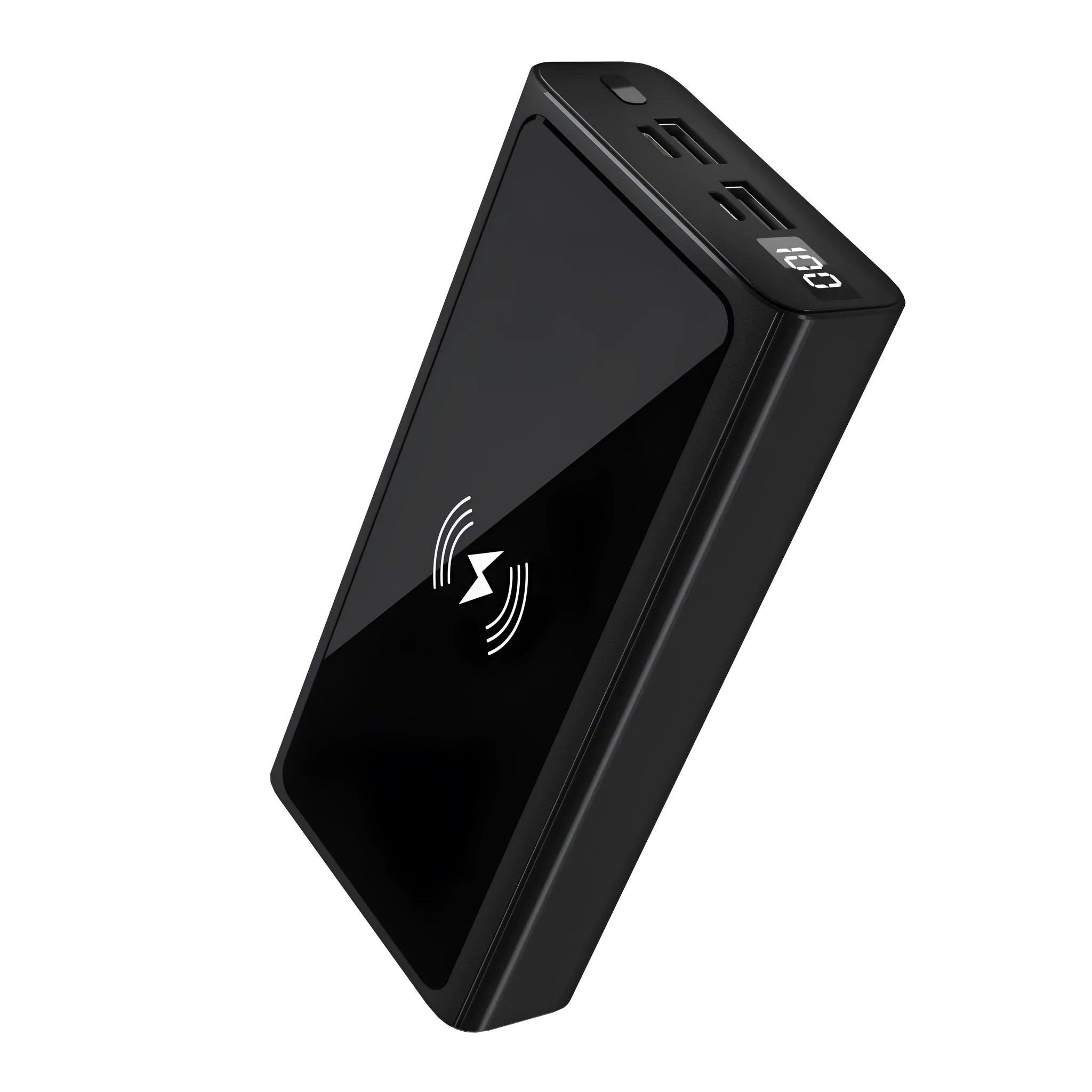 Black and blue aluminium alloy power bank with 10000mAh capacity and integrated plug for wireless charging.