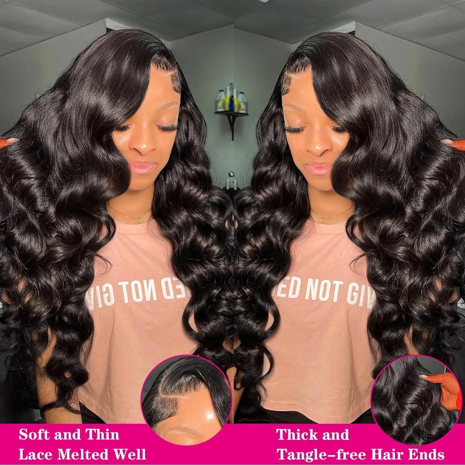 Black long curly synthetic wig on a stand showing 22-inch waves and full-head coverage