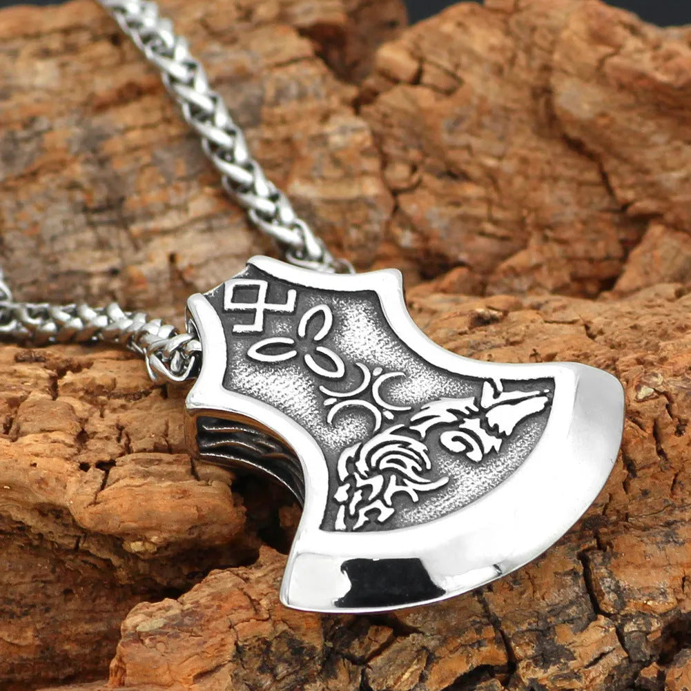 Viking Torto axe Celtic wolf pendant necklace on antique silver twisted chain, alloy, unisex