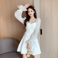 White women's chiffon patchwork dress with long sleeves, a long skirt and a slim waist design.
