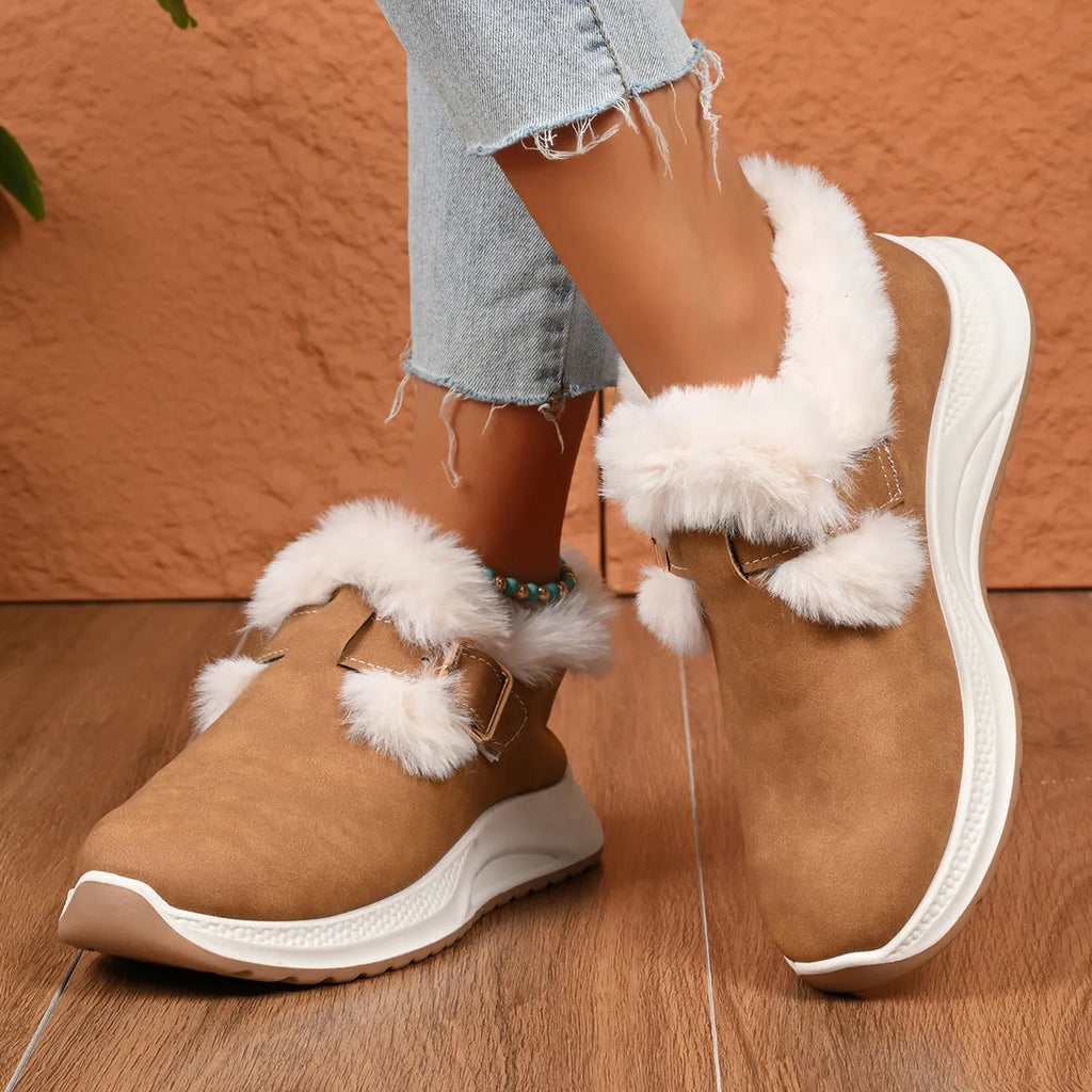 Winter women's slip-on platform fluffy cotton shoes in black with belt buckle detail