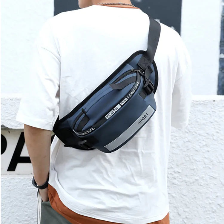Reflective men's crossbody waist bag in black, small horizontal square shape with zipper closure and nylon waterproof finish