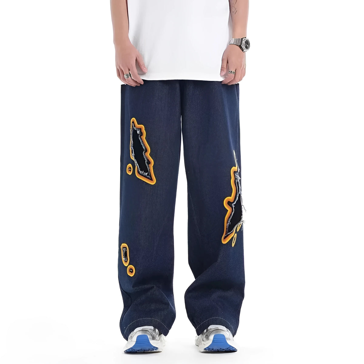 White retro washed ripped embroidery loose cotton blend trousers with zipper fly