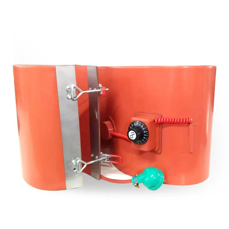 Silicone rubber heating belt wrapped around a 200-litre oil drum with digital control panel